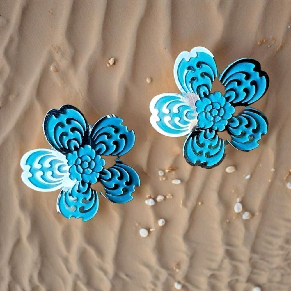 Silver and blue metallic post floral earrings